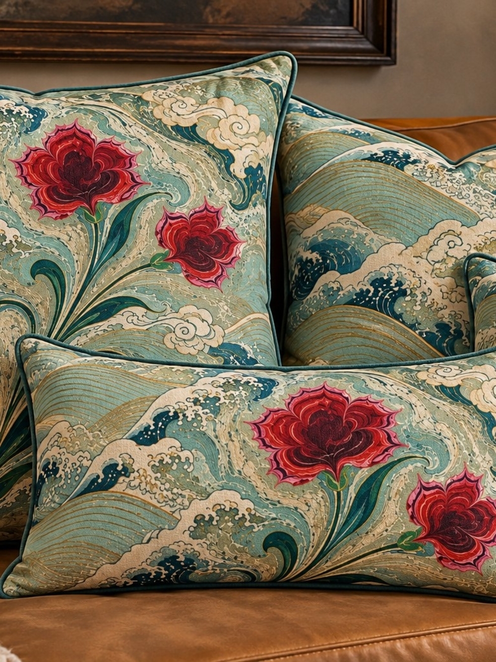 Floral Accent Pillow in Green & Red Like New